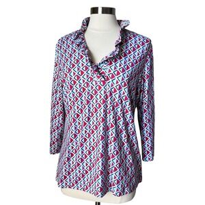 J. McLaughlin Catalina Cloth Geometric Print Ruffle Collar Tunic V Neck Top XL
